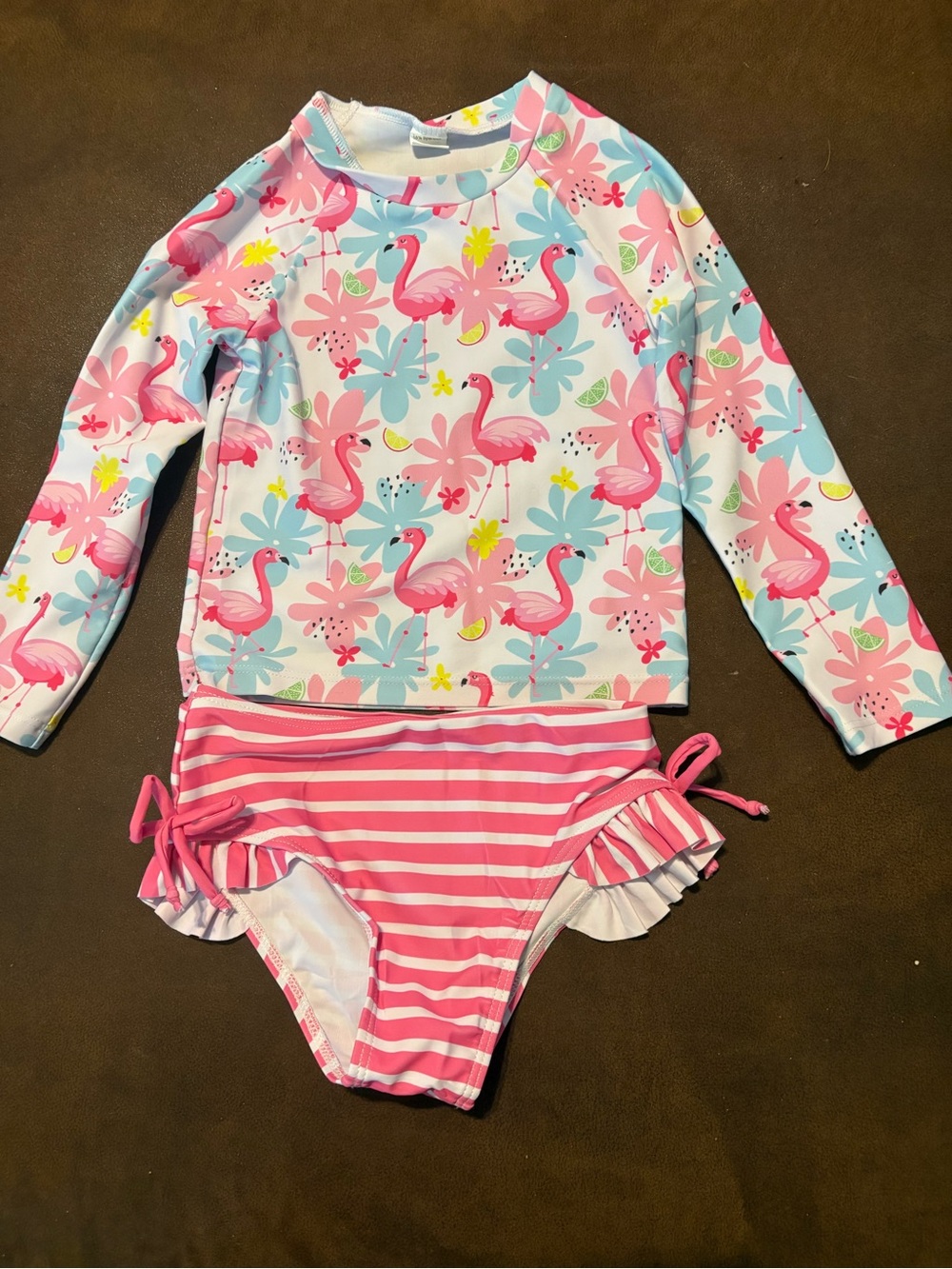 Carter's Pink Flamingo Print Long-Sleeve Rashguard Set with Striped Bottoms